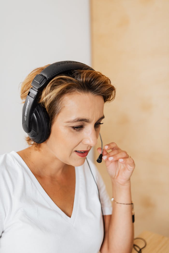Woman in White Shirt Wearing Black Headphones